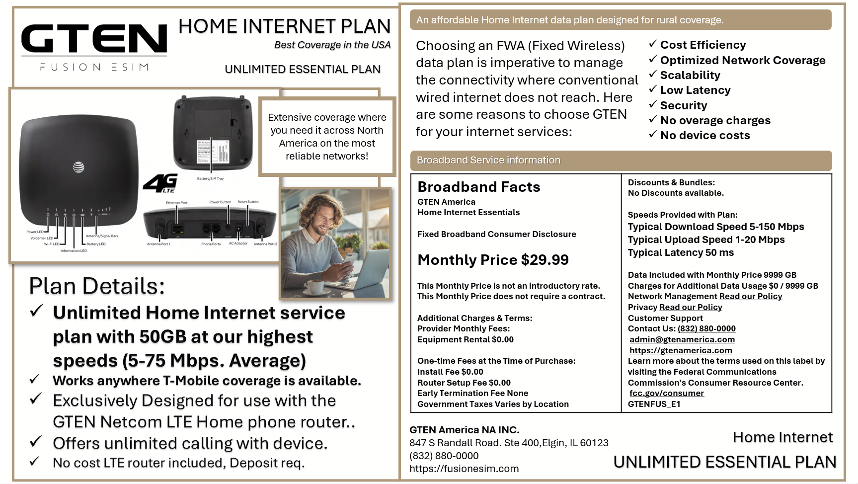 GTEN FWA Home Internet Essentials Plan with LTE Router